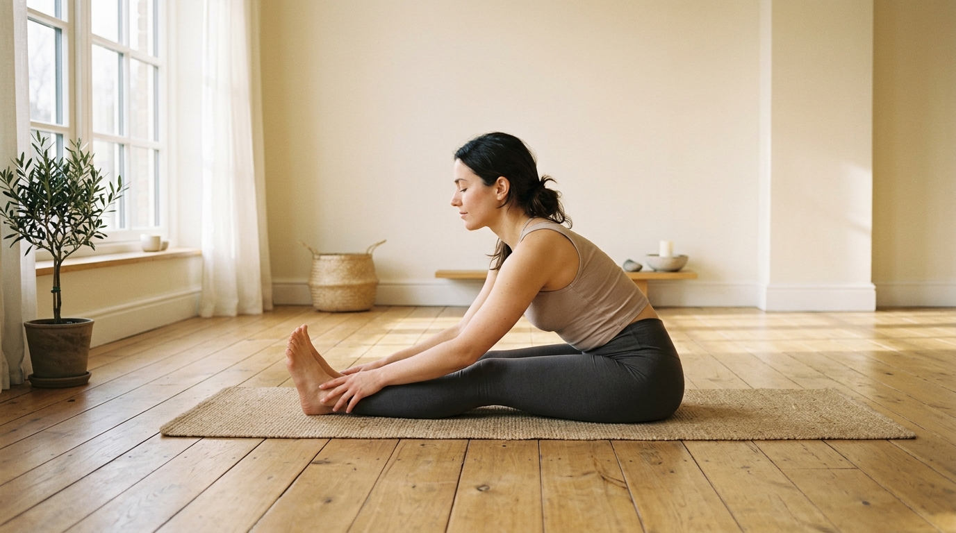 Studio de yoga spațios cu lumină naturală caldă, ideal pentru practicarea flexibilității