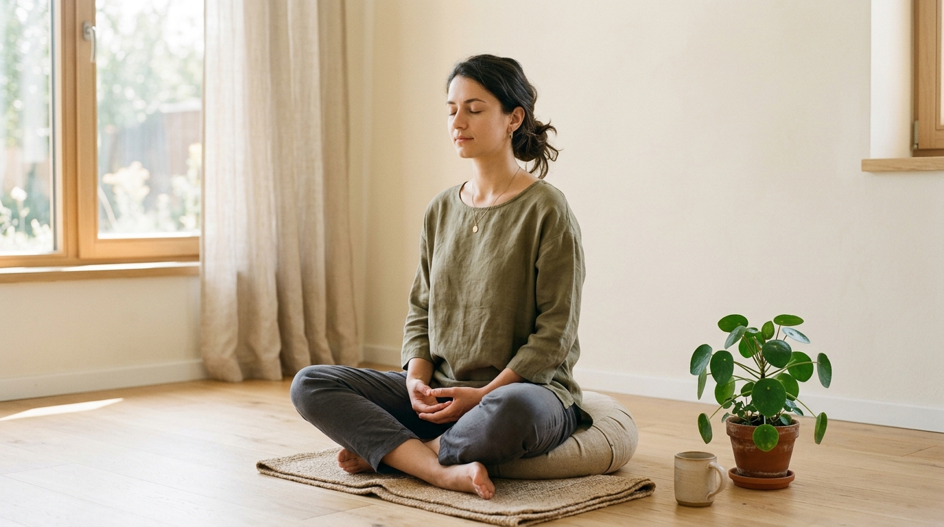 Persoană meditând într-un spațiu luminos și minimalist