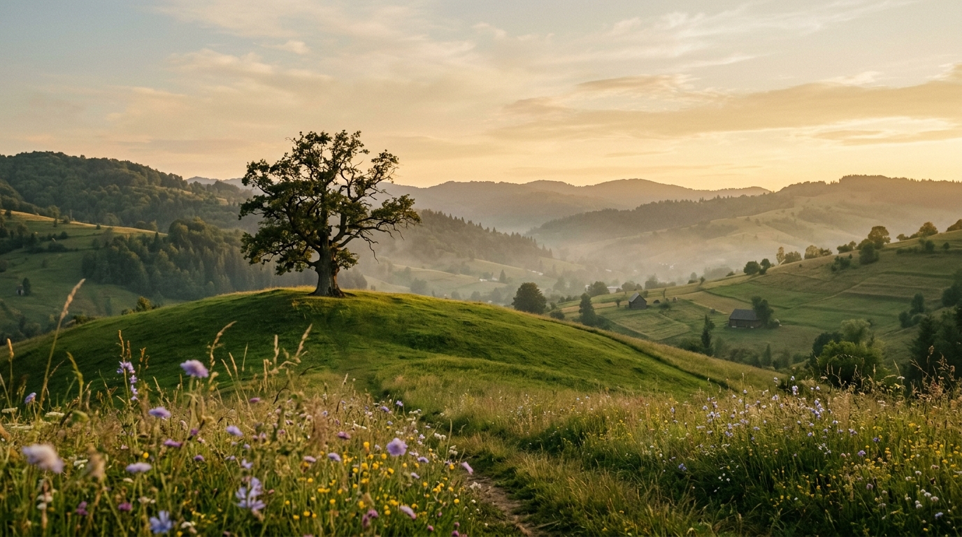 Peisaj natural liniștit cu lumină caldă de dimineață, ideal pentru meditație
